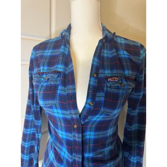 HOLLISTER Size XS Long Sleeve Button Collar Blue Red Plaid Striped Y2K - Picture 3 of 6